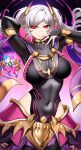  1girl absurdres arm_behind_head arm_up armlet armor aura bangs black_background black_bodysuit bodysuit bracelet breasts bridal_gauntlets casul covered_navel dark_aura dark_persona eyes_of_grima faulds fire_emblem fire_emblem_awakening fire_emblem_heroes grima_(fire_emblem) grin hair_ornament highres hip_vent jewelry large_breasts long_hair long_sleeves looking_at_viewer neck_ring official_alternate_costume red_eyes robin_(fire_emblem) robin_(fire_emblem)_(female) smile solo twintails white_hair 