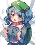  1girl :d backpack bag blue_eyes blue_hair breasts flat_cap green_bag green_headwear hair_bobbles hair_ornament hat highres holding holding_screwdriver holding_wrench kawashiro_nitori key looking_at_viewer moshihimechan open_mouth screwdriver smile solo touhou twintails wrench 