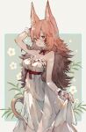  1girl absurdres akasha_(syakoba) animal_ears breasts commission dress highres kemomin_nosuke large_breasts light_brown_hair long_hair original pink_hair skeb_commission skirt_hold sleeveless sleeveless_dress tail white_dress wrist_cuffs 