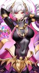  1girl absurdres arm_behind_head arm_up armlet armor aura bangs black_bodysuit bodysuit bracelet breasts bridal_gauntlets casul covered_navel dark_aura dark_persona eyes_of_grima faulds fire_emblem fire_emblem_awakening fire_emblem_heroes grima_(fire_emblem) grin hair_ornament highres hip_vent jewelry large_breasts long_hair long_sleeves looking_at_viewer neck_ring official_alternate_costume red_eyes robin_(fire_emblem) robin_(fire_emblem)_(female) smile solo twintails white_background white_hair 