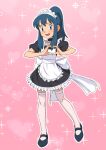  1girl absurdres apron bangs black_dress black_footwear blue_eyes blush commentary_request dawn_(pokemon) dress eyelashes frills full_body hands_up heart heart_hands highres knees looking_at_viewer maid maid_headdress miraa_(chikurin) neck_garter open_mouth outline pink_background pokemon pokemon_(anime) pokemon_dppt_(anime) ponytail raised_eyebrows shoes short_sleeves sidelocks smile solo sparkle sweatdrop thighhighs tongue white_apron 