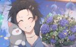  1boy ^_^ animal_on_shoulder bangs_pinned_back black_hair blue_flower blue_hoodie blue_rose blurry blurry_background bouquet cat choker closed_eyes cloud commentary confetti dated_commentary day ear_piercing earrings facing_viewer flower grey_cat grin hair_ornament hairclip happy highres holostars hood hood_down hoodie jewelry kanade_izuru lightning_bolt_hair_ornament lightning_bolt_symbol male_focus nekoromancer official_alternate_costume piercing portrait rose short_hair smile solo virtual_youtuber white_flower wind_chime 