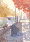  1girl animal autumn autumn_leaves beret black_cat caren_hortensia cat dress falling_leaves fate/hollow_ataraxia fate_(series) fence gate grass hat highres layered_sleeves leaf lights long_hair long_sleeves noko_morokoshi outstretched_hand reaching sitting solo tree wavy_hair white_hair yellow_eyes 
