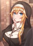  1girl 2boys :o blonde_hair blue_eyes blush breasts brick_wall cross cross_necklace erere habit hand_on_own_cheek hand_on_own_face jewelry large_breasts looking_at_another multiple_boys necklace nun original solo_focus transparent upper_body 