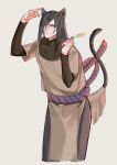  1boy absurdres animal_ears ayuaho black_hair cat_boy cat_ears cat_tail cropped_legs eyeliner facial_mark frown hair_over_one_eye highres kemonomimi_mode leaning_to_the_side long_hair makeup male_focus naruto_(series) orochimaru_(naruto) pale_skin pelvic_curtain slit_pupils solo tail tail_raised touching_ears yellow_eyes 
