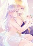  2girls assault_lily bangs bare_arms bare_shoulders bed bed_sheet blonde_hair blunt_bangs blunt_ends book breasts closed_mouth commentary_request convenient_arm cover cover_page crossed_bangs curtains day doujin_cover dress dutch_angle grey_hair hand_up head_on_another&#039;s_shoulder heads_together hickey highres holding_hands indoors interlocked_fingers jewelry kon_kanaho light_blush light_particles long_hair looking_at_viewer looking_to_the_side miyagawa_takane multiple_girls naked_sheet on_bed one_eye_closed parted_lips purple_dress purple_eyes ring shiny shiny_hair sideboob sidelocks sitting sleeveless sleeveless_dress smile sorato_(astllatte) swept_bangs very_long_hair yellow_eyes yokozuwari yuri 