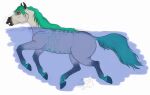  2022 amber_eyes ambiguous_gender digital_media_(artwork) dream_merchant english_text equid equine fangs feral green_hair green_mane green_tail hair hooves kelpie mammal mane multicolored_body open_mouth partially_submerged raised_tail simple_background solo text unndis_(skuggamul) 