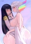  2girls absurdres black_hair blush breasts dress eye_contact food highres implied_futanari incest kill_la_kill kiryuuin_ragyou kiryuuin_satsuki large_breasts looking_at_another mature_female mother_and_daughter multicolored_hair multiple_girls norza pocky scar scar_on_back smile suggestive_fluid sweat thighs 