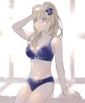  1girl bangs blonde_hair blue_bra blue_eyes blue_panties bra breasts cleavage commentary_request flower hair_flower hair_ornament hand_on_own_head highres hikawa20 large_breasts lingerie long_hair navel original panties ponytail solo underwear 