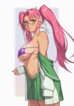  1girl absurdres bare_shoulders bikini bikini_under_clothes blush breasts closed_mouth eyepatch_bikini from_side glasses green_shirt green_skirt hair_intakes hair_ribbon highres highschool_of_the_dead large_breasts lips long_hair long_sleeves looking_to_the_side navel off_shoulder pink_hair purple_bikini purple_nails ribbon riz school_uniform shirt sideboob skindentation skirt solo stomach swimsuit takagi_saya twintails underboob v-shaped_eyebrows white_ribbon yellow_eyes 