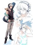  1boy absurdres antenna_hair bangs belt bishounen boots denim dog dog_tags eating expressionless food food_on_face full_body grey_hair hand_on_belt headphones highres hot_dog instrument_case jacket jeans looking_to_the_side male_focus medium_hair multiple_views nail_polish naitou-kun nifffi nitro+_chiral off_shoulder open_clothes open_jacket pants red_eyes shading_eyes standing tank_top torn_clothes welsh_corgi 