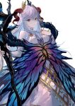  1girl bangs blue_hair breasts commentary curled_horns dress fire_emblem fire_emblem_heroes freyja_(fire_emblem) goat_horns gradient_hair hand_on_own_chest highres holding holding_staff holding_weapon horns jnsghsi long_hair long_sleeves looking_at_viewer medium_breasts multicolored_hair red_eyes red_horns simple_background solo staff swept_bangs two-tone_hair weapon white_background white_dress white_hair 