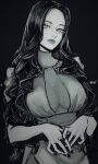  1girl artist_name black_background black_hair breasts character_request cleavage commentary copyright_request dated dress eyelashes greyscale highres long_hair looking_at_viewer monochrome sherumaru_(korcht06) signature simple_background sketch solo standing symbol-only_commentary 
