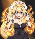  1girl armlet black_collar black_dress black_leotard black_nails blonde_hair blue_eyes bowsette bracelet breasts canadiananiguy collar dress earrings fingernails horns jewelry large_breasts leotard mario_(series) new_super_mario_bros._u_deluxe sharp_fingernails sharp_teeth skirt solo spiked_armlet spiked_bracelet spiked_collar spiked_shell spiked_tail spikes strapless strapless_dress strapless_leotard super_crown tail teeth turtle_shell 