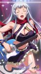  1girl :d alternate_costume bracelet breasts capelet chouun_shiryuu cleavage closed_eyes crop_top facing_viewer floating_hair grey_hair highres holding holding_instrument ikkitousen instrument jewelry large_breasts layered_skirt long_hair miniskirt multicolored_clothes multicolored_skirt music navel official_art open_mouth playing_instrument pleated_skirt purple_skirt red_capelet shiny shiny_hair skirt smile solo sparkle standing straight_hair torn_capelet very_long_hair white_skirt 