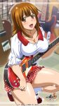  1girl :d ato_(ikkitousen) bangs blurry blurry_background breasts brown_eyes brown_hair cleavage copyright_name highres holding holding_instrument ikkitousen indoors instrument large_breasts long_hair mary_janes miniskirt official_art one_knee open_mouth polka_dot polka_dot_skirt red_footwear red_skirt shiny shiny_hair shirt shoes skirt smile socks solo straight_hair white_shirt white_socks 
