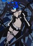  1girl bangs belt belt_buckle bikini bikini_top_only black_bikini black_choker black_coat black_footwear black_gloves black_hair black_rock_shooter black_rock_shooter_(character) black_shorts blue_eyes boots buckle chain checkered_floor choker closed_mouth coat collarbone flaming_eye flat_chest floating_hair front-tie_bikini_top front-tie_top gloves grey_belt groin hair_between_eyes highres hiyashinssu holding holding_sword holding_weapon hood hood_down hooded_coat knee_boots long_hair long_sleeves looking_at_viewer navel open_clothes open_coat scar shiny shiny_hair short_shorts shorts solo swimsuit sword twintails unzipped very_long_hair weapon 