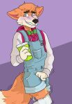  anthro beverage blush bodily_fluids canid canine clothing container cup embarrassed fox genital_fluids hi_res male mammal omorashi overalls peeing shadyhouse shaking shy smile solo trembling urine wetting wetting_self 