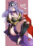  1girl bangs bare_shoulders breasts camilla_(fire_emblem) choker cleavage closed_eyes collarbone fe135700 fingerless_gloves fire_emblem fire_emblem_fates fire_emblem_heroes fishnet_thighhighs fishnet_top fishnets flower gloves hair_over_one_eye headband highres holding holding_scroll knees_up large_breasts long_hair nail_polish ninja official_alternate_costume official_alternate_hairstyle petals ponytail purple_gloves purple_hair purple_nails purple_ribbon red_flower red_rose ribbon ribbon_choker rose scroll shin_guards shuriken_hair_ornament sitting smile solo thighhighs thorns wavy_hair wrist_guards 