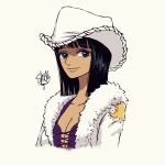  1girl artist_name black_hair blue_eyes breasts cleavage commentary cowboy_hat english_commentary eyelashes fur fur-trimmed_jacket fur_trim happy hat highres jacket long_hair looking_at_viewer nico_robin one_piece sherumaru_(korcht06) signature simple_background smile solo white_jacket 