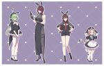  4girls amber_(genshin_impact) animal_ear_fluff animal_ears animal_hat apron beret black_dress black_footwear black_gloves black_headwear black_jacket black_pantyhose black_shorts black_skirt bottle breasts cat_ears cat_girl cat_tail cleavage diona_(genshin_impact) dress fake_animal_ears fishnet_pantyhose fishnets frilled_apron frilled_skirt frills genshin_impact gloves hands_on_hips hands_up hat heart high_heels highres holding holding_bottle jacket kneehighs large_breasts long_sleeves multiple_girls necktie outline own_hands_together pantyhose purple_background rabbit_ears rabbit_tail red_necktie rosaria_(genshin_impact) shiratama_(srtm_on) shirt shoes short_shorts shorts skirt sleeveless sleeveless_dress socks sucrose_(genshin_impact) tail thighhighs tie_clip white_outline white_shirt white_socks white_thighhighs 