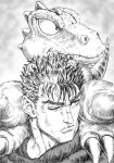  2boys absurdres berserk black_hair claws crossover dinosaur dinosaur_tail gon_(gon) gon_(manga) guts_(berserk) highres looking_to_the_side mad_sharpen male_focus multicolored_hair multiple_boys one_eye_closed scar scar_on_face scar_on_nose short_hair spiked_hair standing standing_on_shoulder streaked_hair tail 