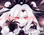  1girl abyssal_ship art_dy25 blood blood_from_mouth close-up colored_skin drill_hair fangs glowing glowing_eyes kantai_collection new_light_cruiser_princess portrait red_eyes smile solo twin_drills upper_body white_hair white_skin 