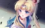  1girl artist_name bishoujo_senshi_sailor_moon blonde_hair blue_eyes blue_sailor_collar breasts choker circlet cleavage collarbone crescent crescent_earrings earrings hair_bun hair_intakes heart heart_choker highres jewelry long_hair maoao meme open_mouth red_choker sailor_collar sailor_moon sailor_moon_redraw_challenge_(meme) solo twintails upper_body 
