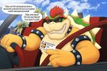  anthro armband bowser bracelet car dialogue driver&#039;s_license driving english_text eyebrows eyewear grin hair hi_res horn inside_car jewelry koopa looking_at_viewer male mario_bros nintendo red_hair scalie screencap seatbelt shaded shell smile solo spiked_armband spiked_bracelet spiked_shell spikes spikes_(anatomy) sunglasses talking_to_viewer teeth_showing text thick_eyebrows vehicle video_games ximorexx yellow_body 