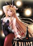  1girl alcohol animal_ears black_choker blonde_hair blush bottle breasts brown_pantyhose choker cleavage cup drinking_glass fake_animal_ears fake_tail fate_testarossa highres indoors large_breasts leotard long_hair looking_at_viewer lyrical_nanoha mahou_shoujo_lyrical_nanoha_strikers open_mouth pantyhose playboy_bunny rabbit_ears rabbit_tail red_eyes shiny shiny_hair smile solo sougetsu_izuki tail wine wine_glass 