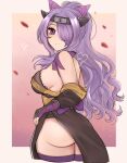  1girl ass bangs bare_shoulders breasts camilla_(fire_emblem) choker fingerless_gloves fire_emblem fire_emblem_fates fire_emblem_heroes fishnet_top fishnets from_behind gloves hair_over_one_eye headband highres large_breasts long_hair looking_at_viewer ninja official_alternate_costume official_alternate_hairstyle ponytail purple_eyes purple_gloves purple_hair purple_ribbon purrlucii ribbon ribbon_choker shuriken_hair_ornament sideboob sidelocks smile solo thighs watermark wavy_hair wrist_guards 