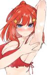  1girl arm_up armpits bikini blush breasts cleavage frilled_bikini frills full-face_blush go-toubun_no_hanayome hair_ornament halterneck highres irarei_(araisanblog) large_breasts nakano_itsuki orange_hair ponytail red_bikini simple_background solo spread_armpit star_(symbol) star_hair_ornament steam steaming_body sweatdrop swimsuit tears upper_body v-shaped_eyebrows white_background 