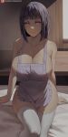  1girl apron bangs black_hair blunt_bangs breasts cleavage closed_mouth collarbone highres hyuuga_hinata large_breasts looking_at_viewer naked_apron naruto naruto_(series) naruto_shippuuden patreon_username purple_eyes shexyo short_hair sitting smile solo thighhighs white_thighhighs 