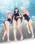  3girls :d arm_support ass bare_legs bare_shoulders barefoot black_hair black_scrunchie blonde_hair blue_one-piece_swimsuit breasts cat_earrings chain-link_fence cleavage cloud collarbone competition_school_swimsuit fang feet fence full_body hair_ornament hair_rings hair_scrunchie hairband hand_on_own_stomach highres inu_ni_nattara_suki_na_hito_ni_hirowareta inukai_karen key_visual kneepits large_breasts legs long_hair looking_at_viewer looking_back mole mole_under_eye morita_kazuaki multiple_girls nekotani_mike official_art ojou-sama_pose one_side_up pink_eyes pink_hair promotional_art red_eyes school_swimsuit scrunchie sitting skin_fang sky smile standing swimsuit teeth tile_floor tiles toes tsukishiro_usagi two_side_up upper_teeth very_long_hair wavy_hair white_hairband yellow_eyes 