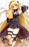  1girl black_dress black_footwear blonde_hair closed_mouth clothing_cutout detached_sleeves dress hair_intakes hand_in_own_hair highres holding konjiki_no_yami long_hair looking_at_viewer nakano_maru red_eyes simple_background solo thigh_strap to_love-ru very_long_hair white_background 