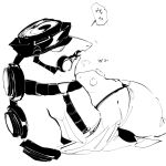  1:1 anthro armor big_shot_(splatoon) clothing cuddling duo fish japanese_text male male/male marine minor_human monochrome nintendo overalls salmonid_(splatoon) size_difference sketch smile splatoon steelhead susenders text video_games 