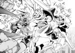  1girl absurdres armor ass breasts city clenched_hands crossover duel_monster fighting greaves greyscale headphones highres junk_warrior monochrome open_mouth rubble rx_hts senki_zesshou_symphogear shorts spiked_knuckles tachibana_hibiki_(symphogear) yu-gi-oh! yu-gi-oh!_5d&#039;s 