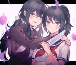  2girls aged_down aicedrop ayano_aishi black_eyes black_hair blood blue_sailor_collar breasts brown_sailor_collar brown_serafuku expressionless heart_on_cheek holding holding_knife hug knife letterboxed long_sleeves looking_at_viewer low_ponytail medium_breasts mother_and_daughter multiple_girls neckerchief pink_blood ponytail red_neckerchief ryoba_aishi sailor_collar school_uniform serafuku short_sleeves signature smile time_paradox white_neckerchief yandere_simulator 