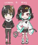  2girls 774_inc. absurdres black_hair black_jacket black_pants black_shorts blue_hair blush breasts brown_hair closed_mouth commentary_request demon_girl demon_horns demon_tail fang fang_out full_body grey_choker grey_hair grey_sweater hair_ornament hairclip hands_in_pocket highres horns jacket long_sleeves looking_at_viewer medium_hair midriff mikeneko_nanashi multicolored_hair multiple_girls official_alternate_costume pants pink_background pointy_ears red_eyes shishio_chris shoes short_hair shorts simple_background single_bare_shoulder sleeves_past_fingers sleeves_past_wrists small_breasts smile sneakers standing strap_slip sugar_lyric sweater tail tengu_nimuru thighhighs two-tone_hair virtual_youtuber white_footwear yellow_eyes 