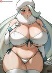  1girl batako_(pixiv54063972) bikini blue_eyes blush breasts earrings fur_hat hat highres jewelry large_breasts linea_alba long_hair looking_at_viewer mature_female melony_(pokemon) multicolored_hair navel open_mouth pantyhose smile solo streaked_hair swimsuit white_headwear 