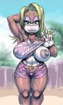  anthro areola biceps big_areola big_breasts big_nipples blonde_hair bodily_fluids bottomwear breasts candy_kong clothed clothing clothing_lift cutoffs denim denim_clothing donkey_kong_(series) double_deck erect_nipples female genital_fluids hair hi_res huge_breasts lips mammal muscular muscular_anthro muscular_female nintendo nipple_outline nipples primate pussy_juice shirt shirt_lift shorts small_waist solo thick_thighs topwear video_games wide_hips 