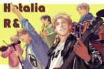  5boys ahoge america_(hetalia) arm_up axis_powers_hetalia band bass_guitar blonde_hair blue_eyes blue_jacket blue_scarf brown_eyes brown_hair china_(hetalia) copyright_name drum drum_set drumsticks earrings electric_guitar france_(hetalia) glasses green_eyes green_shirt grin guitar highres holding holding_instrument instrument jacket jewelry leather leather_jacket long_sleeves looking_at_viewer microphone microphone_stand multiple_boys music open_mouth overalls pink_shirt playing_instrument ponytail purple_eyes russia_(hetalia) scarf shirt short_hair sleeves_rolled_up smile t-shirt united_kingdom_(hetalia) violin white_hair white_overalls white_shirt zhongerweiyuan 
