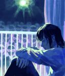  1boy arms_on_knees balcony black_hair blue_theme chainsaw_man curtains dark dark_background extra hayakawa_aki highres knees_to_chest looking_down lunarelles mask masquerade_mask moon railing sad shirt short_hair solo_focus white_shirt 