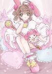  animal_ears bow brown_hair cardcaptor_sakura choker cosplay crossover dress female_child green_eyes hair_between_eyes highres kinomoto_sakura kinomoto_sakura_(cosplay) magical_girl my_melody pink_bow pink_choker pink_footwear rabbit_ears sakuraloveeeee1 sanrio smile star_(symbol) 