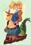  2020 3_toes activision anthro bandicoot barefoot blonde_hair blush bottomwear brown_body brown_eyes brown_fur canid canine canis claws clothed clothing coco_bandicoot crash_bandicoot_(series) crocodile crocodilian crocodylid dingo dingodile duo eyewear eyewear_on_head fangs feet female full-length_portrait fur goggles goggles_on_head green_eyes hair hi_res human_vex hybrid male male/female mammal marsupial orange_body orange_fur pants portrait reptile scalie signature simple_background text toe_claws toes topless video_games yellow_sclera 