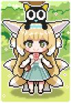  1girl animal_ears animal_on_head arknights blonde_hair blue_hairband blush_stickers bush cat cat_on_head chibi chinese_commentary commentary_request fox_ears fox_girl fox_tail frilled_hairband frills full_body grass green_eyes hairband kitsune long_sleeves looking_at_viewer luoxiaohei neck_ribbon on_head outdoors pawamo_power pixel_art red_ribbon ribbon shirt smile standing straight-on suzuran_(arknights) suzuran_(spring_praise)_(arknights) tail the_legend_of_luo_xiaohei white_shirt 