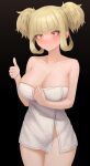  1girl anidante aoki_hagane_no_arpeggio black_background blonde_hair blush breasts cleavage hair_up heart heart-shaped_pupils highres kongou_(aoki_hagane_no_arpeggio) naked_towel short_twintails simple_background smile solo symbol-shaped_pupils thumbs_up towel twintails 