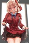  1girl absurdres blonde_hair breasts clothes_lift hair_ornament highres lifted_by_self lycoris_recoil lycoris_uniform nishikigi_chisato presenting red_eyes shorts shorts_under_skirt skirt skirt_lift smile solo thighs twitter_username two-tone_dress yomo 