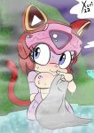  android anthro bath breasts coy domestic_cat felid feline felis female hi_res hot_spring kyatto_ninden_teyandee looking_at_viewer machine mammal onsen polly_esther public_bathing robot samurai_pizza_cats solo steam teasing towel water wet wide_hips xoti_(artist) 
