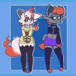  1:1 akinoon anthro bedroom_eyes big_tail blush bottomwear canid canine clothing collar crop_top duo floating_hair fox generation_5_pokemon ghost girly hi_res hisuian_form hisuian_zorua legwear letterbox male mammal narrowed_eyes navel nintendo paws pokemon pokemon_(species) regional_form_(pokemon) seductive shirt skirt spiked_collar spikes spirit stockings thick_thighs topwear video_games zorua 